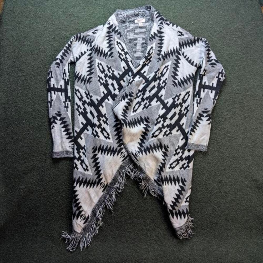 ARIZONA JEAN CO Southwestern Fringe Open Front Cardigan Black White Grey XL